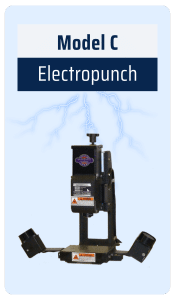 Model C Electropunch Model C Electropunch Electric Impact Hammer with blue background and light blue lightning effect