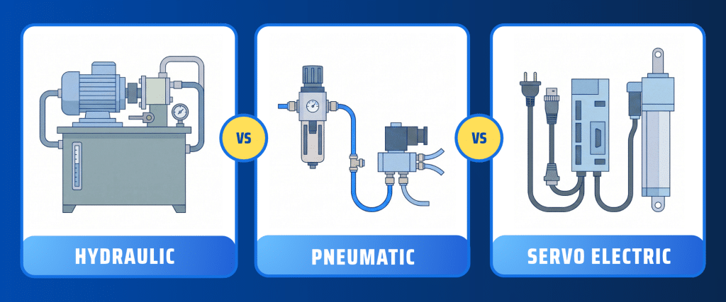 graphic illustrating the difference between hydraulic, pneumatic and servo electric press system