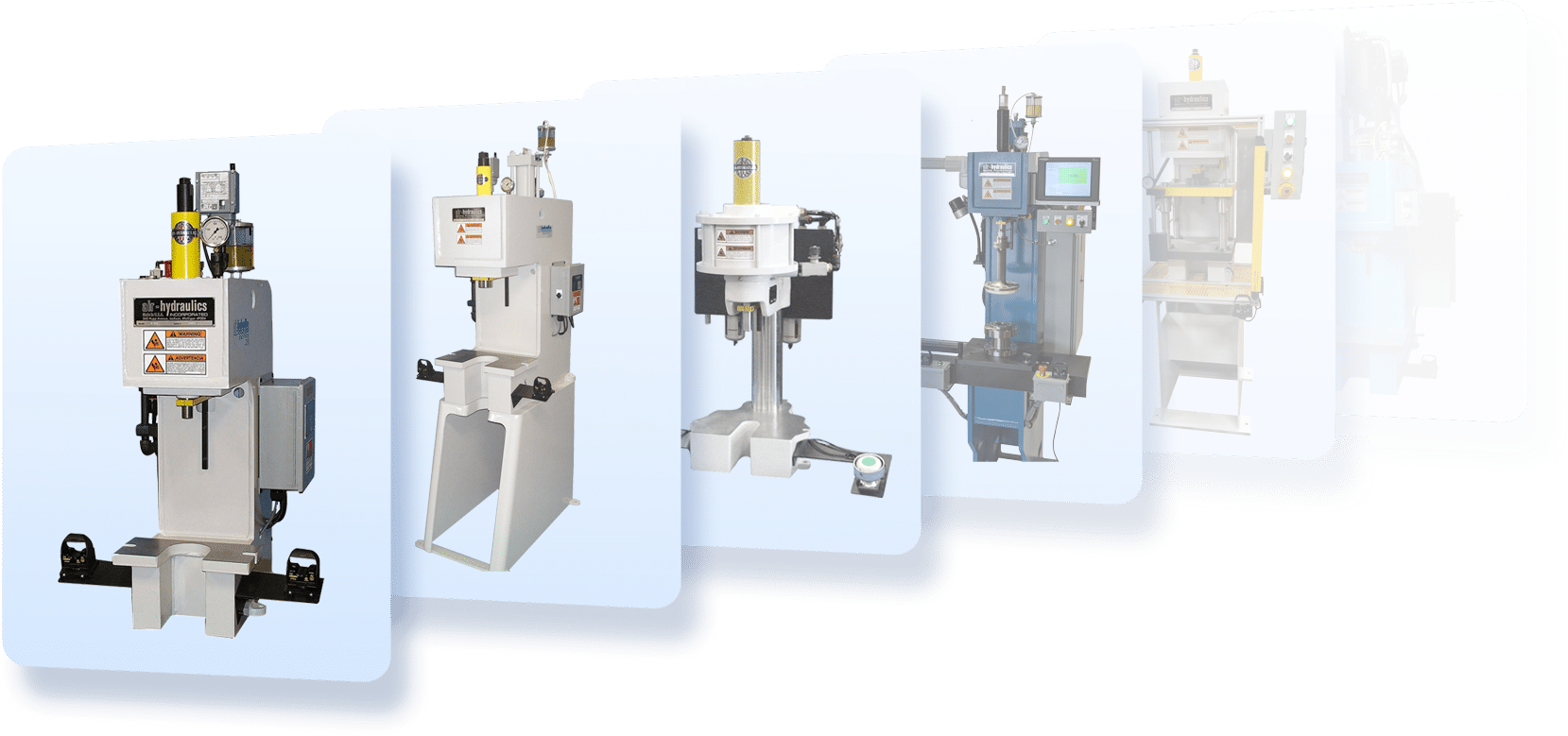 Presses Homepage Series of image cards displaying various press types offered by AHI, including air-over-oil presses, air presses and customized presses of different types